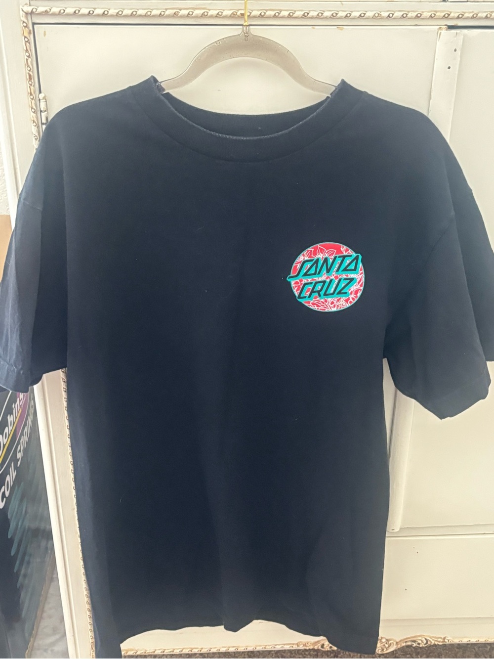 Santa Cruz Skateboards Black Tee with Teal & Red Logo